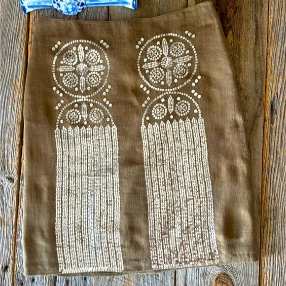 Tory Burch Tan Silver Sequin Pencil Skirt Size 10 - Picture 11 of 13